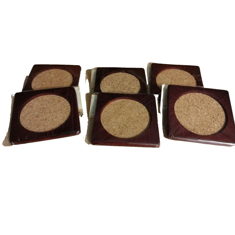 6 Set Bamboo Coasters Wood Round Cork‎ Barware Contemporary Traditional Luxe NEW
